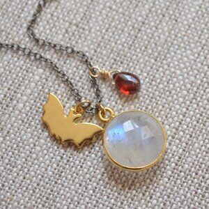 Rainbow Moonstone Bezel Pendant Necklace with Gold Bat and Garnet
